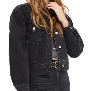 Topshop Oversized Boxy Crop Black Denim Long Sleeve Jacket Size 12